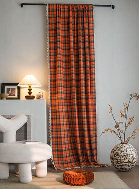 法式橙色格子布艺窗帘成品英伦复古小窗厨房半遮光挂帘飘窗布装饰