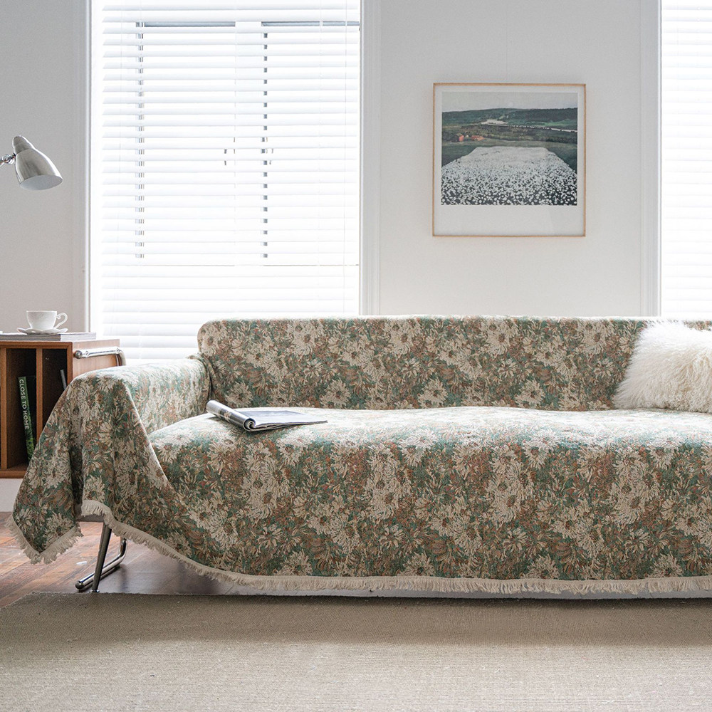法式田园沙发巾绿色油画花朵提花流苏沙发毯全盖防尘套罩加厚盖毯