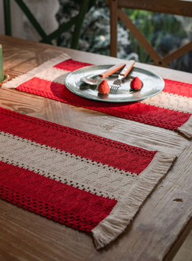 红色棉线撞色钩针餐垫编织流苏餐具垫防烫隔热餐桌垫西餐巾氛围感