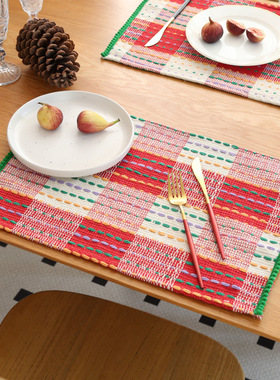 彩色棉线编织餐垫圣诞新年氛围装饰餐具垫加厚防烫隔热垫美食拍照