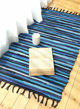 美式纯棉布条手工编织门垫复古流苏门厅卧室地垫毯吉普赛家用盖巾