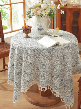 法式田园全棉蓝色印花流苏桌布新中式民族风餐桌布茶几盖巾装饰布