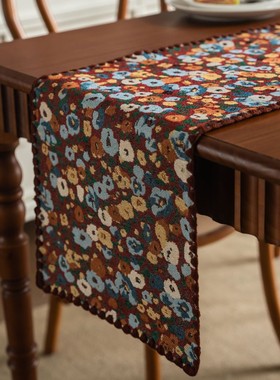 法式复古田园咖色小花朵提花桌旗绣花边装饰长条茶几盖巾酒店床旗