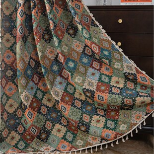 美式 复古彩色几何提花流苏窗帘摩洛哥民族风半遮光厨房帘隔断挂帘