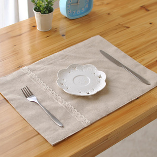 棉麻复古素色餐垫蕾丝装 饰西餐巾北欧现代双层隔热餐具垫美食拍照