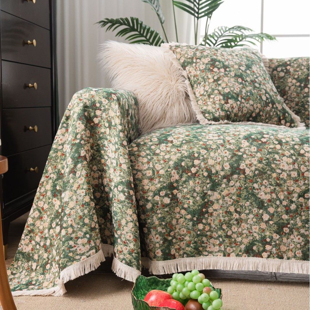 法式绿色碎花沙发巾田园风加厚沙发毯四季通用防尘套罩防猫抓盖毯