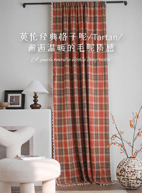 法式色织红格子流苏窗帘成品布艺厨房小窗半遮光英伦飘窗装饰挂帘