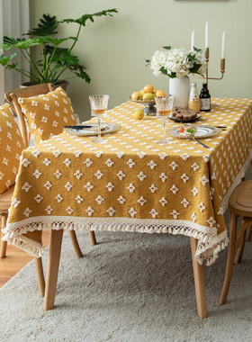 星星剪花流苏桌布美式田园风涤棉色织餐桌布黄色茶几盖巾家用台布