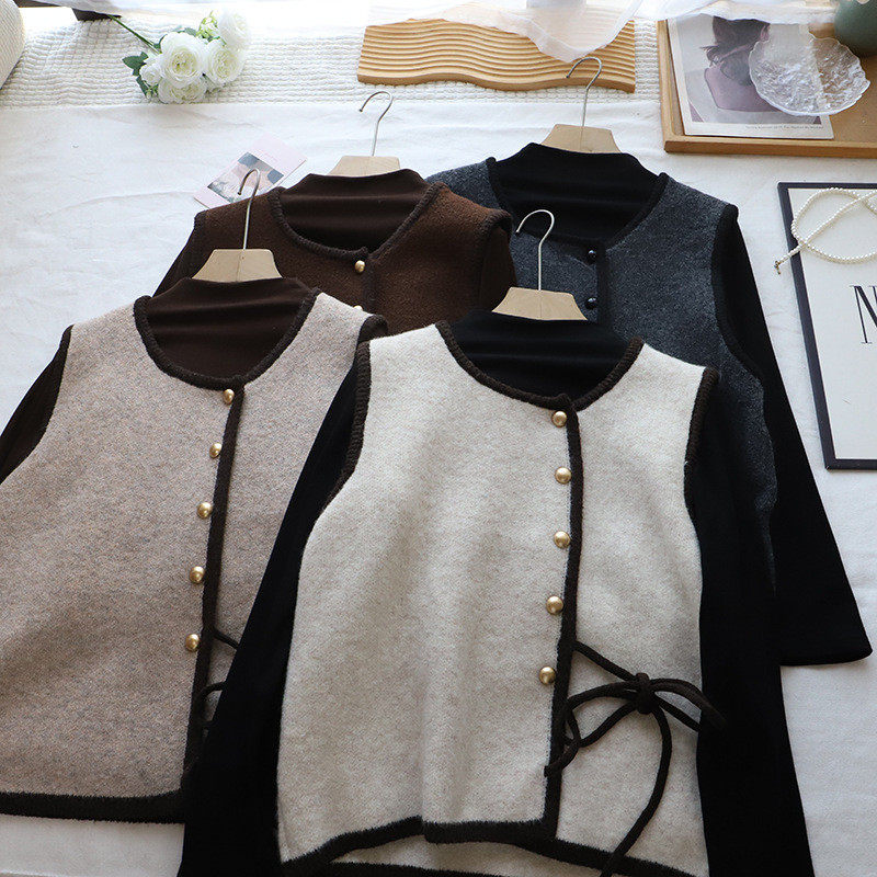 2026秋冬新韩版半高领内搭打底衫T恤+针织马甲两件套女