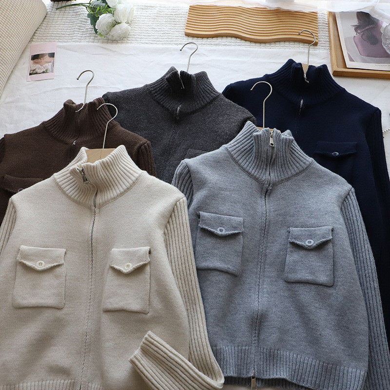 2026秋冬新款韩版显瘦百搭工装短款双拉链开衫女式毛衣,女装/女士精品,毛衣,淘宝优惠券,粉丝福利购,淘宝优惠卷