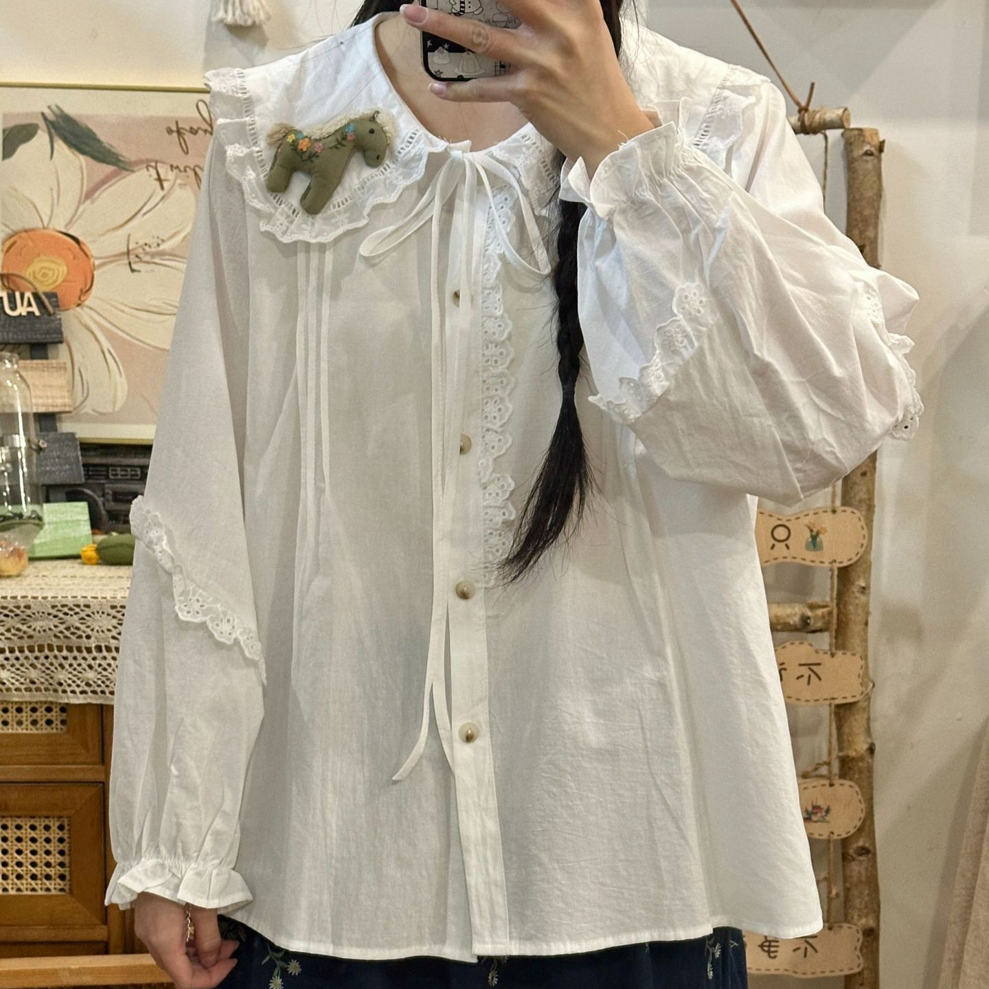韩系甜美小清新减龄休闲长袖衬衣春季可爱小马娃娃领花边宽松衬衫