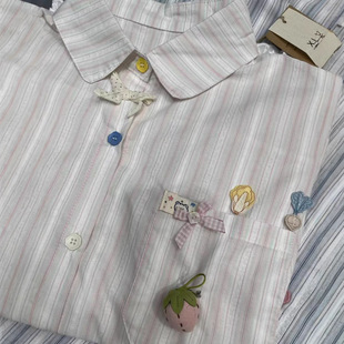 日系复古条纹蝴蝶结花边拼接衬衣春季 可爱校园风百搭长袖 衬衫 新款
