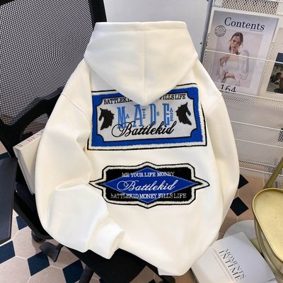 美式高街仿刺绣印花连帽卫衣男女秋冬季百搭国潮字母宽松情侣外套