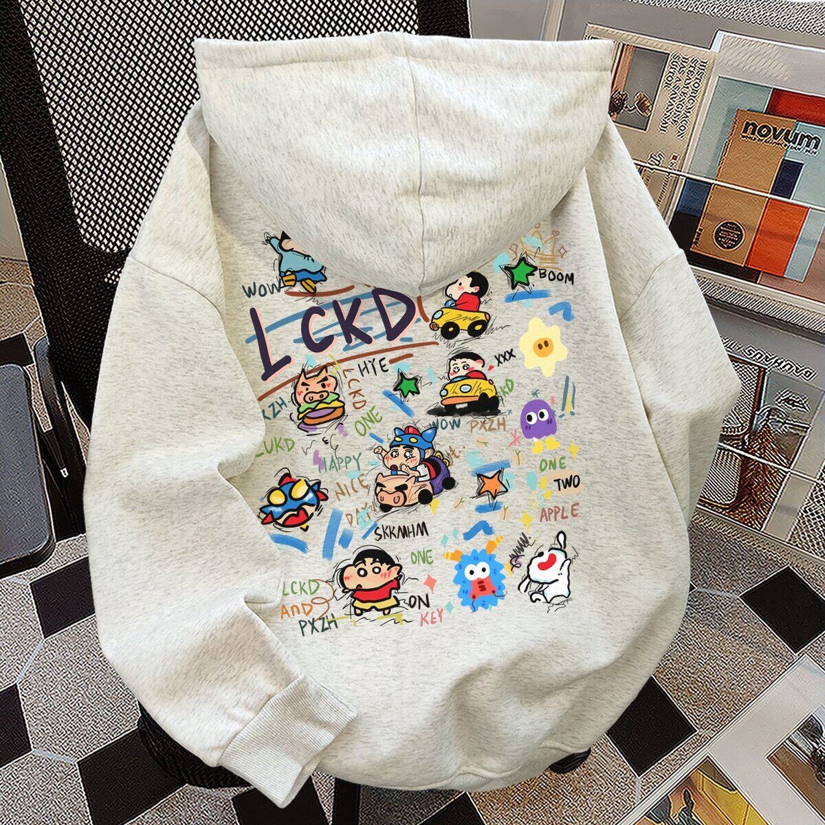 趣味蜡笔小新设计感连帽卫衣男女秋冬新款美式显瘦宽松印花上衣潮