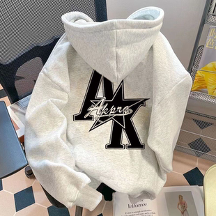 银狐绒连帽卫衣加绒加厚美式港风字母印花连帽宽松秋冬情侣外套潮