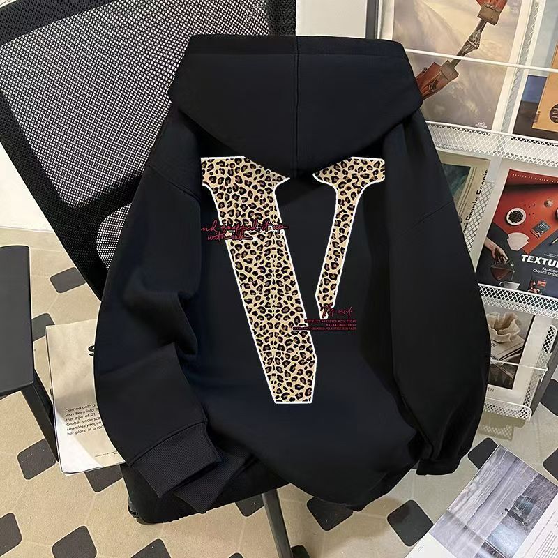 2025新款连帽卫衣男女豹纹大V印花韩版秋冬宽松外套ins情侣上衣潮