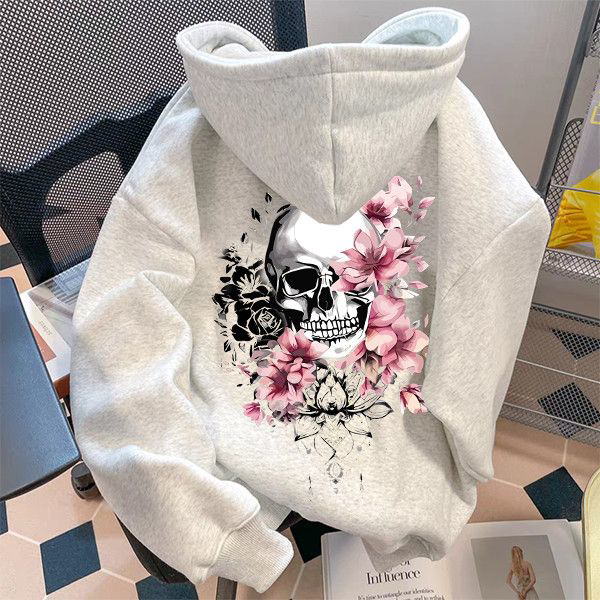 银狐绒连帽加绒卫衣男女秋冬新款学生美式复古骷髅头印花上衣外套
