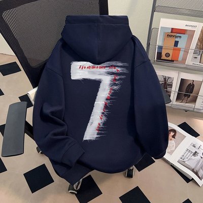 美式重银狐绒个性数字印花连帽卫衣男女秋冬情侣休闲百搭加厚上衣