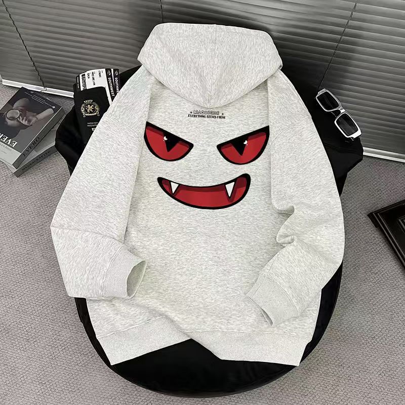 秋冬季新款趣味邪恶表情印花连帽卫衣男女宽松加绒加厚学生帽衫潮