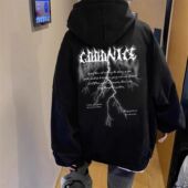 银狐绒美式 卫衣潮 幻影模糊字母交叉雷电闪电幻影烟雾连帽外套长袖