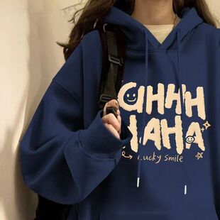 银狐绒韩版复古设计字母印花连帽卫衣男女秋冬慵懒风学生百搭上衣