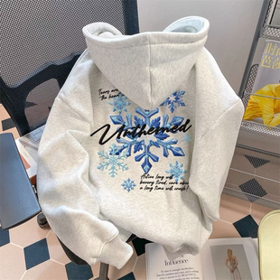 银狐绒潮流蓝雪花印花连帽卫衣男秋冬季宽松百搭休闲学生上衣外套