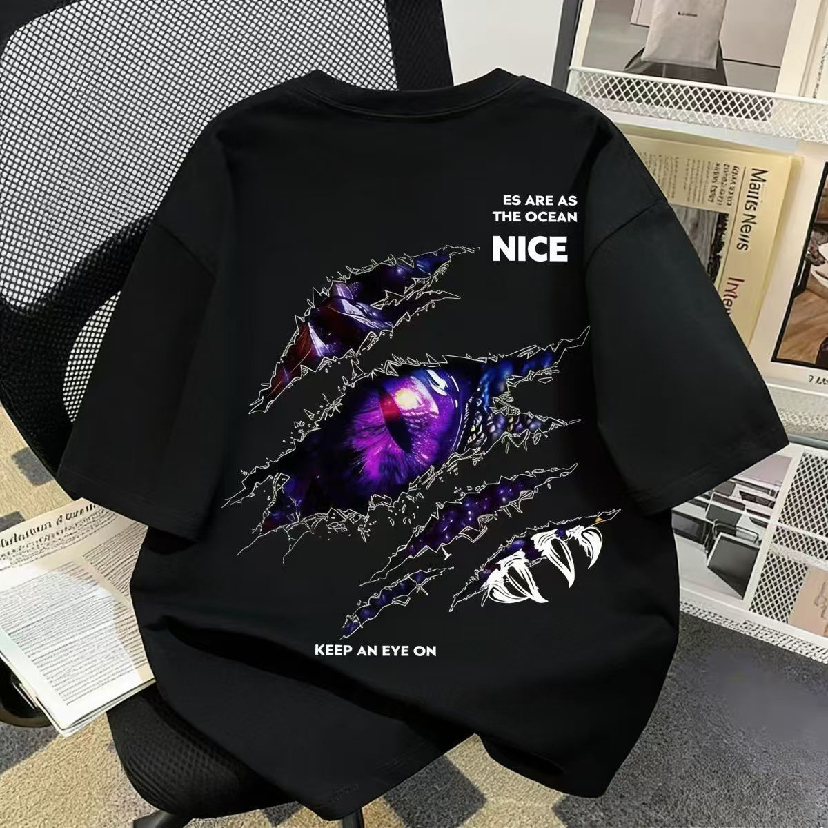 100%纯棉美式高街潮牌恶魔之眼印花短袖T恤男女宽松学生爆款上衣