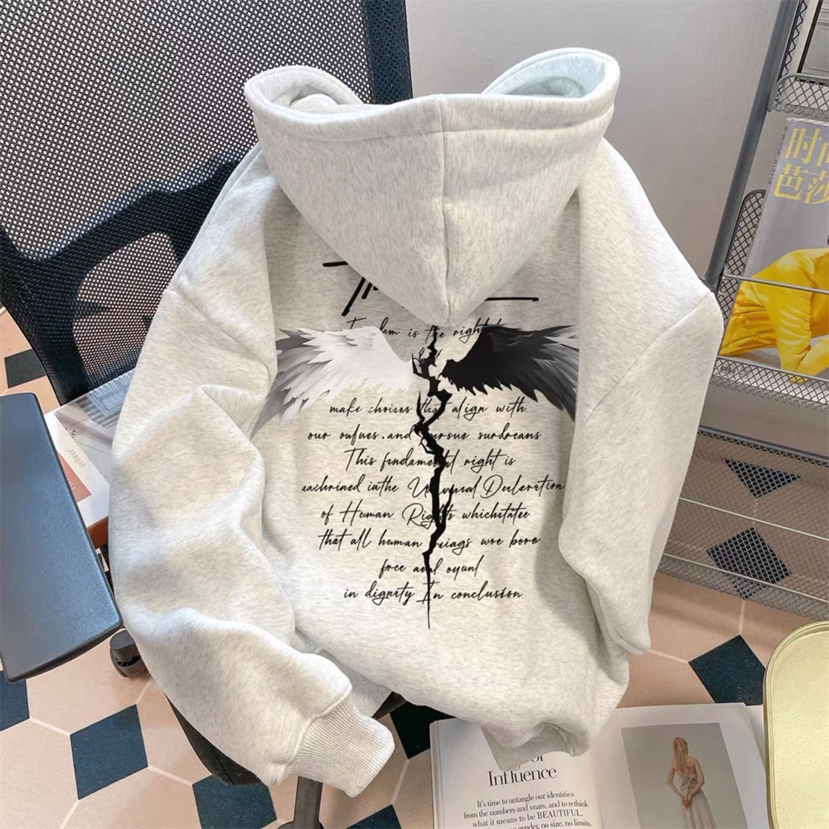 银狐绒复古黑白翅膀字母印花连帽卫衣男女秋冬季宽松百搭上衣外套