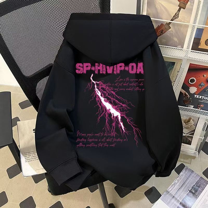 高街连帽粉色闪电印花卫衣男女秋冬加绒加厚小众情侣慵懒宽松上衣