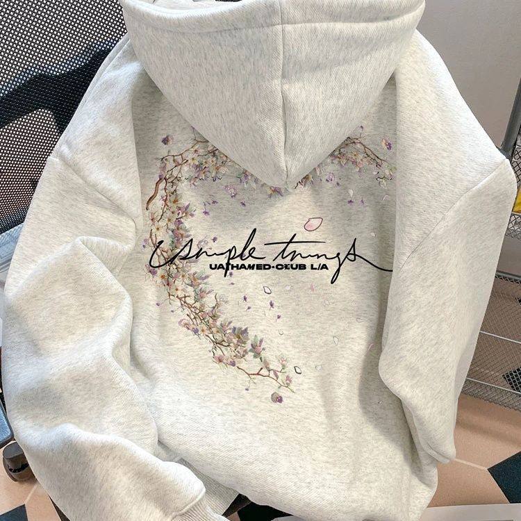 洋气独特别致花朵字母连帽卫衣男女秋冬季加绒美式慵懒百搭外套潮
