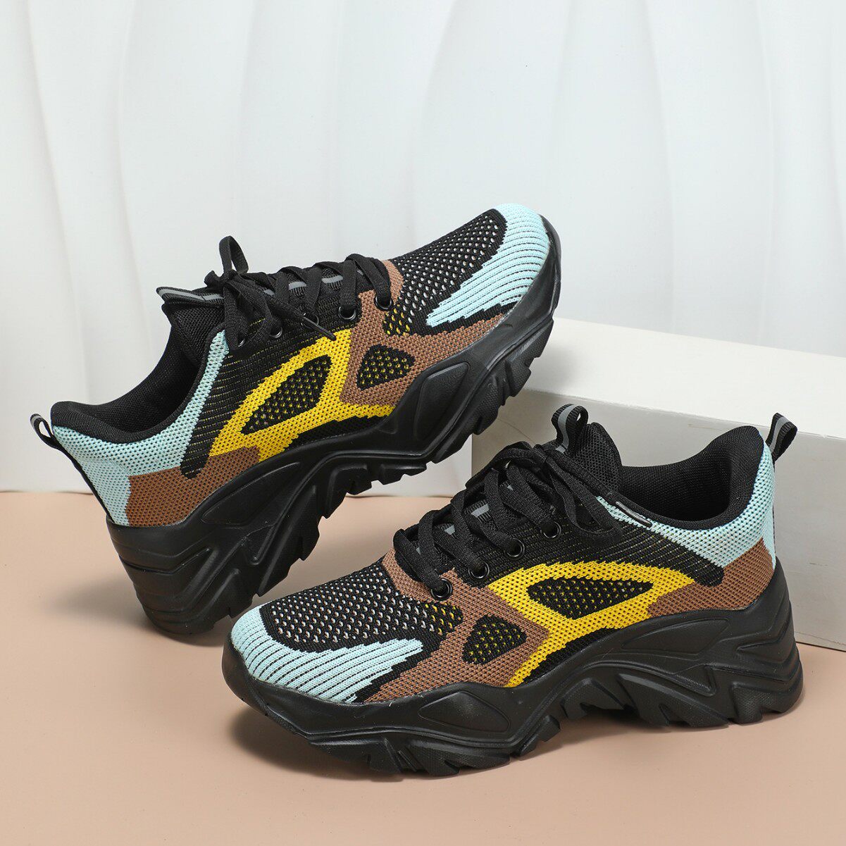 跨境春季新款飞织厚底时尚老爹鞋透气舒适外出旅游鞋百搭休闲女鞋