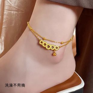 平安好运五帝钱招财铜钱币转运珠双层网红闺蜜脚链 钛钢不掉色