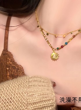 钛钢女彩色理石糖果色圆珠项链