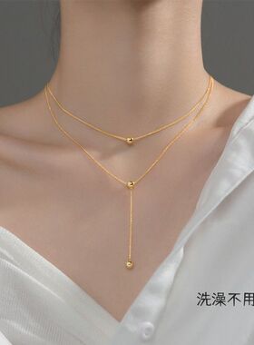 【钛钢不掉色】圆珠Y形流苏闪闪金色银色双层日系复古珠子项链女