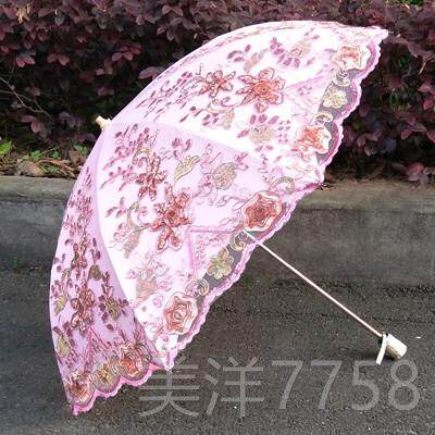 高档高档太伞晒防紫外防线蕾刺绣公主黑胶遮阳阳伞女结实二折晴雨