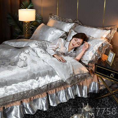 高档欧单床裙四件套贡缎提花被棉套床丝绸缎纯式全棉婚庆床罩床上
