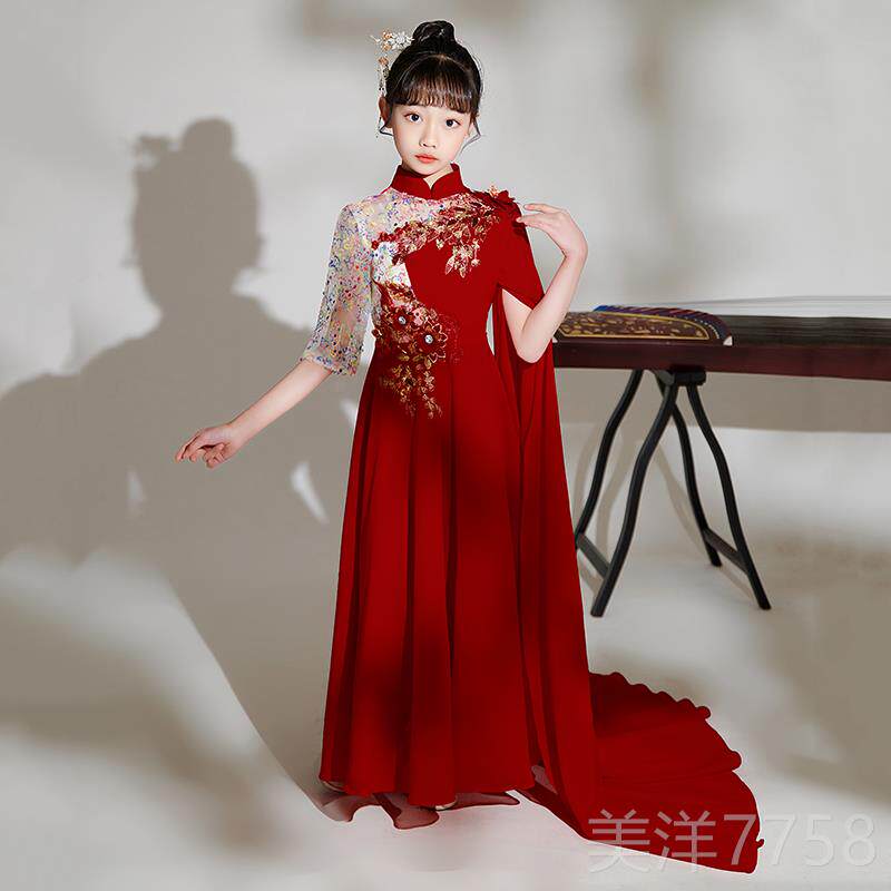 高档女童持中国风古筝童演出服小女孩晚礼服高端主儿合唱服表人演