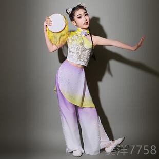 高档儿清童绣钱鼓舞舞蹈服装鼓铃清出服少儿春嬉铃鼓影叠香手演鼓