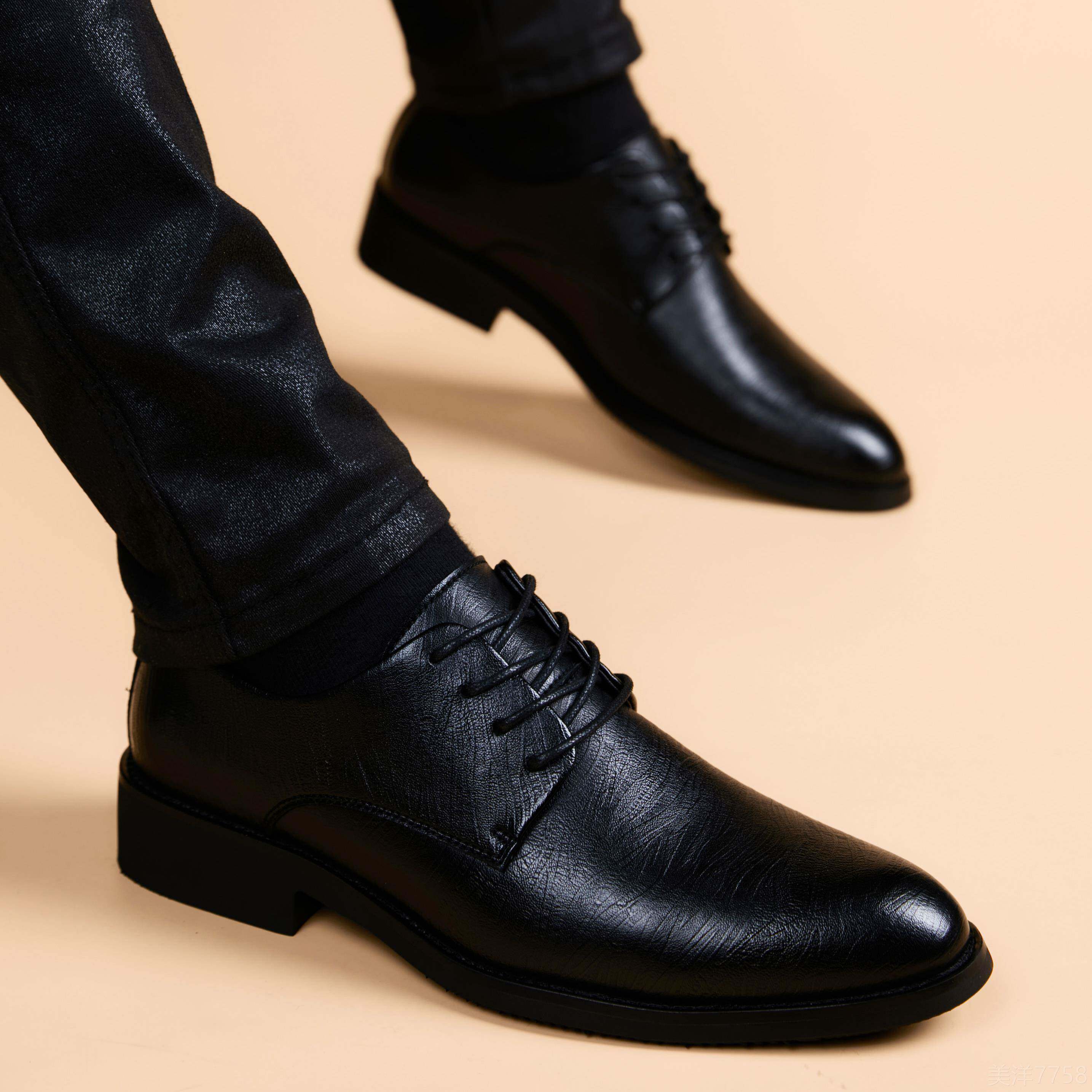 高档皮鞋男真皮软皮英风休闲男鞋潮内增新郎结婚商伦务高正装黑色