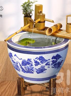 高档流水趣竹 庭院莲陶瓷水花缸竹排子水循环流水摆件流水器鱼流