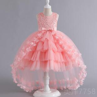 高档童长燕尾裙夏季童表女演礼服连衣裙生日公主裙儿紫色前短后演