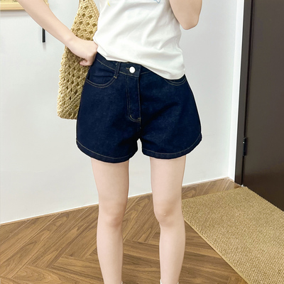 美式复古深蓝色三分牛仔短裤女2026夏季新款高腰宽松a字直筒中裤