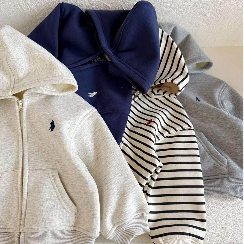 儿童连帽卫衣男童秋冬纯色开衫加绒女童超好看韩系外套条纹一体绒