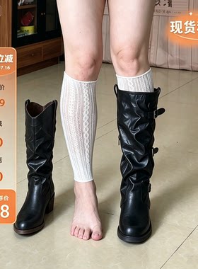 加宽版~皮带扣方圆头褶皱中高筒骑士靴皮靴加宽胖mm大码41-43秋季