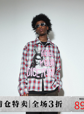 DICETINY 兔女郎图案印花发泡格子衬衫男女美式高街复古情侣上衣