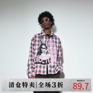 高街复古情侣上衣 男女美式 DICETINY 兔女郎图案印花发泡格子衬衫