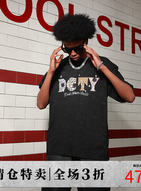 DICETINY 夏季新款基础logo洗水做旧动物纹理印花短袖重磅情侣T恤