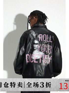 DICETINY兔女郎印花皮衣夹克男2024年新款秋冬季潮牌PU皮外套上衣