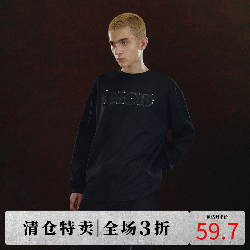 DICETINY贴皮LOGO长袖纯棉宽松T恤铆钉圆领潮牌百搭休闲街头上衣