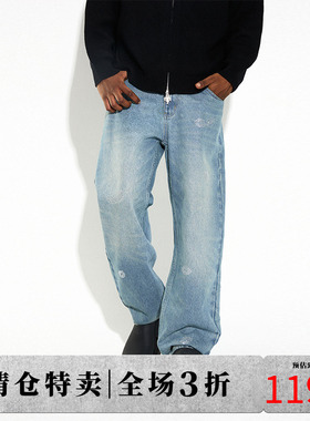 DICETINY嘴唇烫钻牛仔裤男女春秋美式街头潮牌宽松休闲情侣长裤